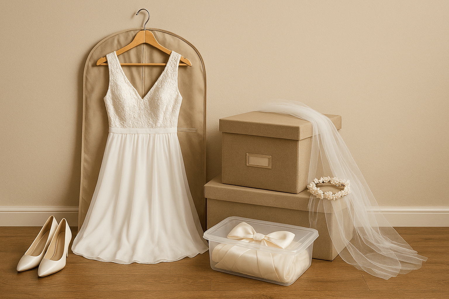 Symbolbild mit einem Brautkleid, Brautschuhen, Brautschleier und einigen Aufbewahrungsutensilien.